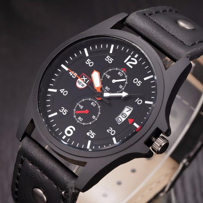 Men's Leather Band Watches Military Sport Analog Quartz Date Wrist Watch