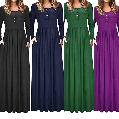 Women's Autumn Casual Long Sleeve O-Neck Solid Dress Pocket Button Dress