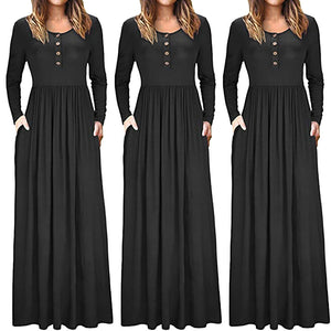 Women's Autumn Casual Long Sleeve O-Neck Solid Dress Pocket Button Dress