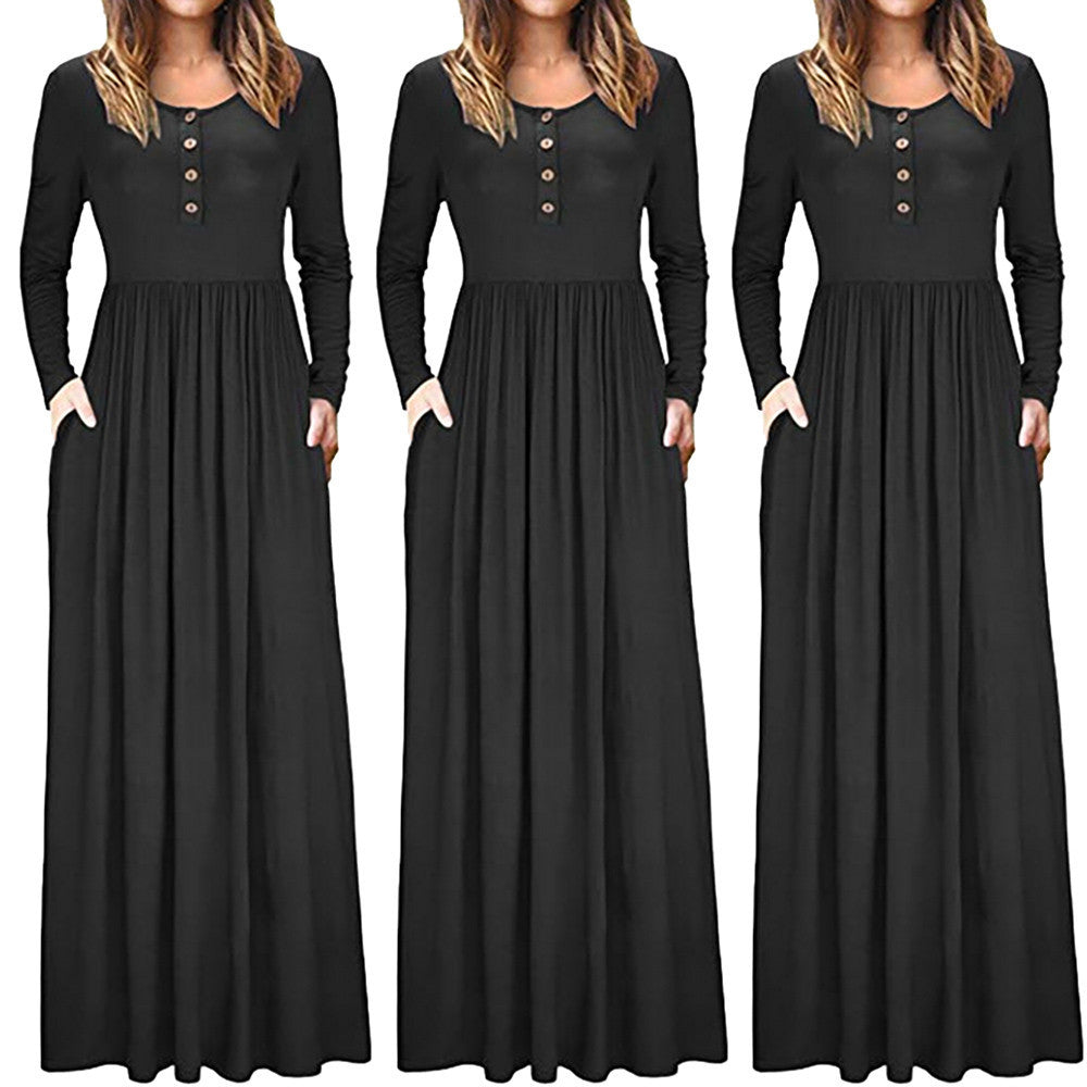 Women's Autumn Casual Long Sleeve O-Neck Solid Dress Pocket Button Dress