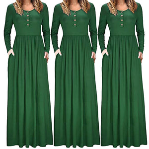 Women's Autumn Casual Long Sleeve O-Neck Solid Dress Pocket Button Dress