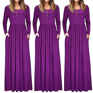 Women's Autumn Casual Long Sleeve O-Neck Solid Dress Pocket Button Dress
