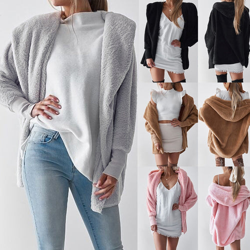 Womens Ladies Hooded Fluffy Coat Winter Jacket Cardigan Overcoat Outwear Jumper