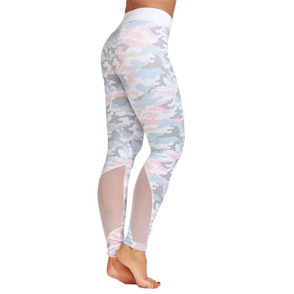 Fashion Women Camo Print Mesh Splice Yoga Pants Gym Stretch Leggings Fitness Running Trousers Blue